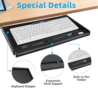 Under Desk Keyboard Tray, 20" Wx11"D Sturdy Key Board Tray Under Desk Slide with Pen Tray, Desk Extender with Pen Holder,Black
