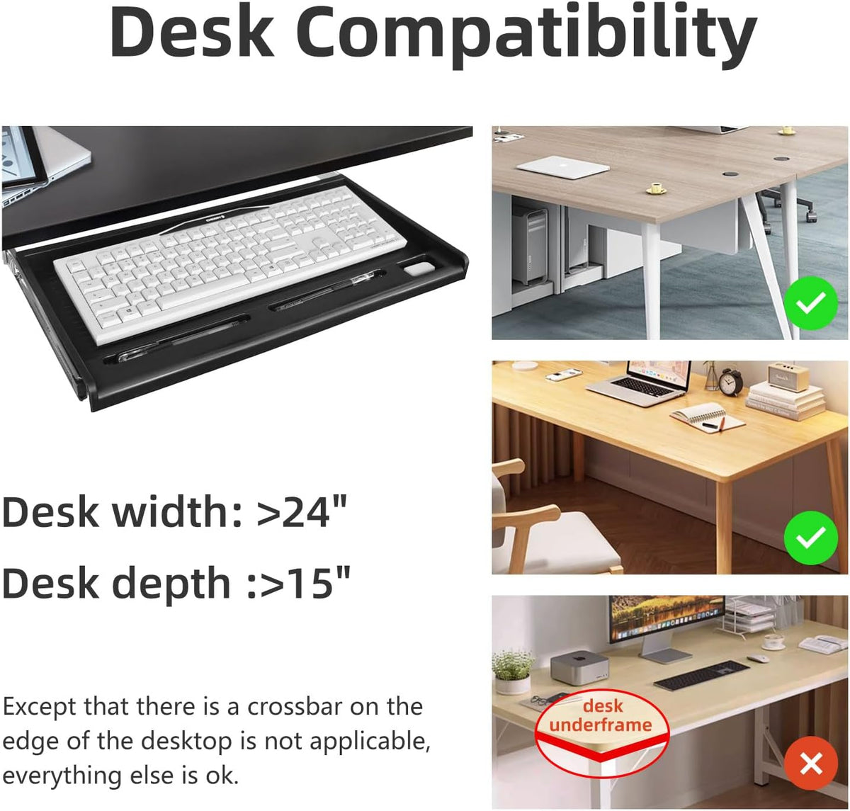 Under Desk Keyboard Tray, 20" Wx11"D Sturdy Key Board Tray Under Desk Slide with Pen Tray, Desk Extender with Pen Holder,Black