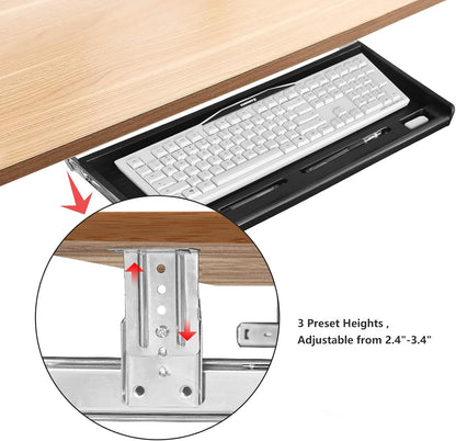 Under Desk Keyboard Tray, 20" Wx11"D Sturdy Key Board Tray Under Desk Slide with Pen Tray, Desk Extender with Pen Holder,Black