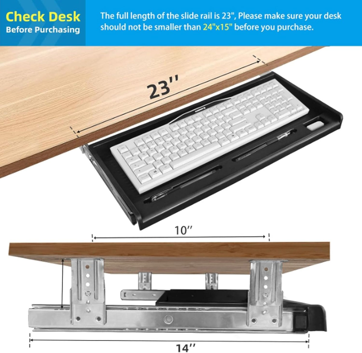 Under Desk Keyboard Tray, 20" Wx11"D Sturdy Key Board Tray Under Desk Slide with Pen Tray, Desk Extender with Pen Holder,Black