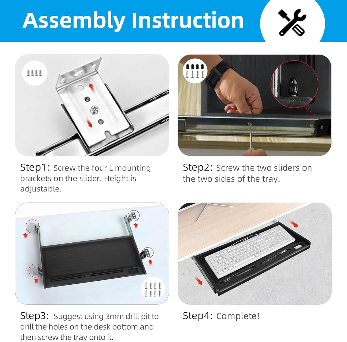 Under Desk Keyboard Tray, 20" Wx11"D Sturdy Key Board Tray Under Desk Slide with Pen Tray, Desk Extender with Pen Holder,Black