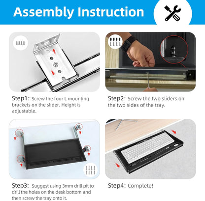 Under Desk Keyboard Tray, 20" Wx11"D Sturdy Key Board Tray Under Desk Slide with Pen Tray, Desk Extender with Pen Holder,Black