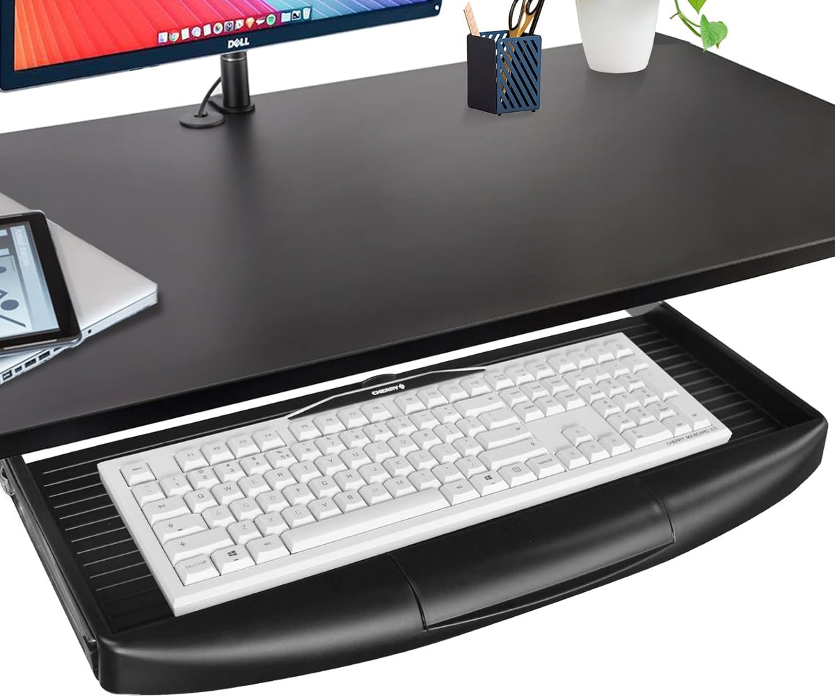Under Desk Keyboard Tray, 20" Wx11"D Sturdy Key Board Tray Under Desk Slide with Pen Tray, Desk Extender with Pen Holder,Black