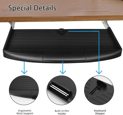 Under Desk Keyboard Tray, 20" Wx11"D Sturdy Key Board Tray Under Desk Slide with Pen Tray, Desk Extender with Pen Holder,Black
