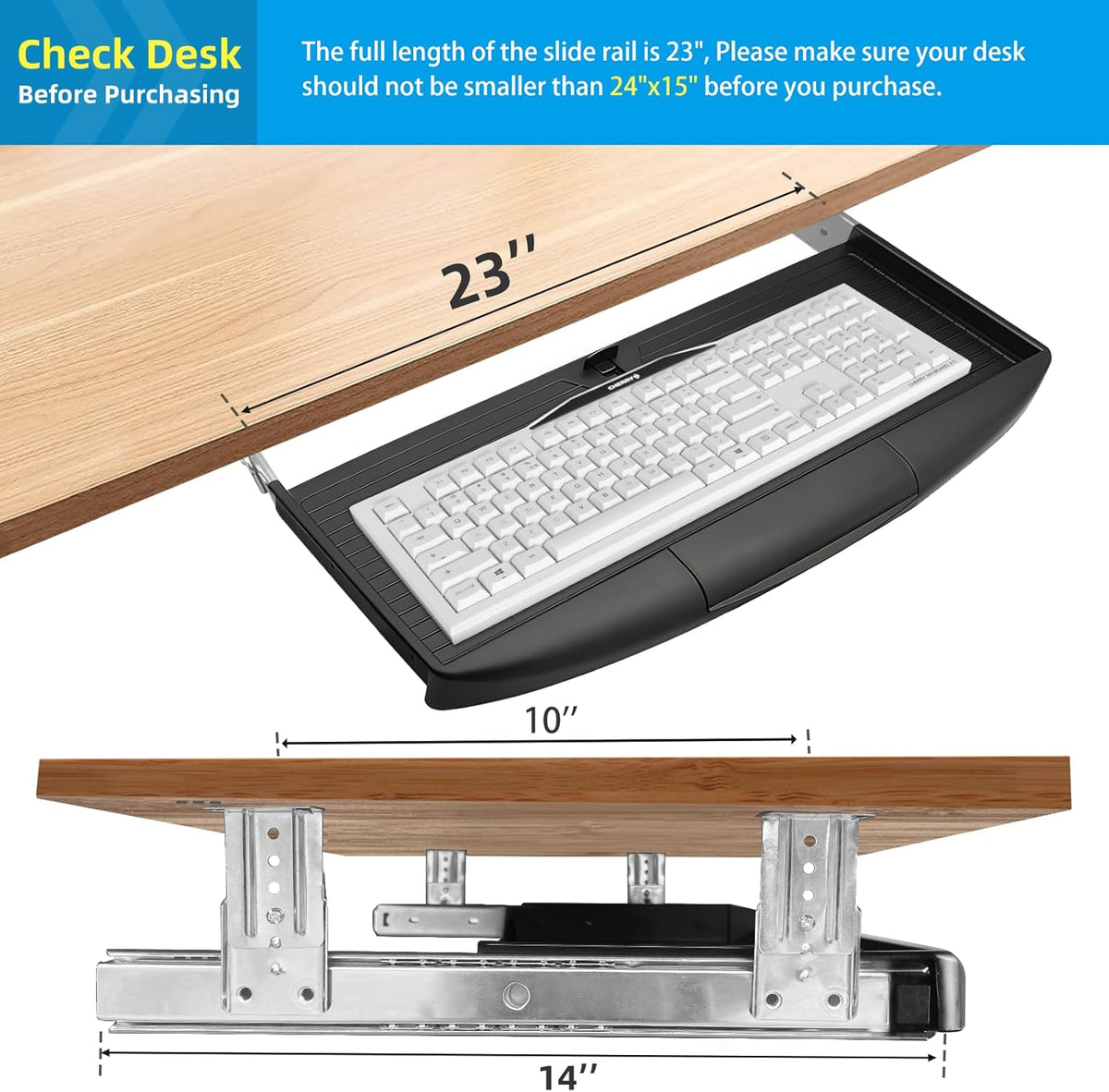 Under Desk Keyboard Tray, 20" Wx11"D Sturdy Key Board Tray Under Desk Slide with Pen Tray, Desk Extender with Pen Holder,Black