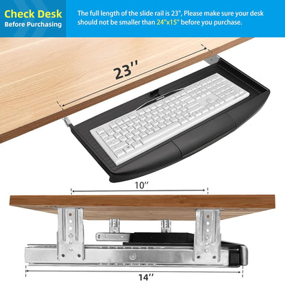 Under Desk Keyboard Tray, 20" Wx11"D Sturdy Key Board Tray Under Desk Slide with Pen Tray, Desk Extender with Pen Holder,Black
