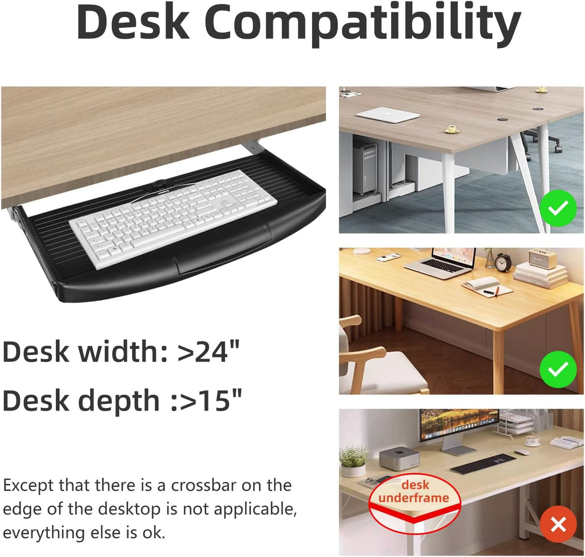Under Desk Keyboard Tray, 20" Wx11"D Sturdy Key Board Tray Under Desk Slide with Pen Tray, Desk Extender with Pen Holder,Black