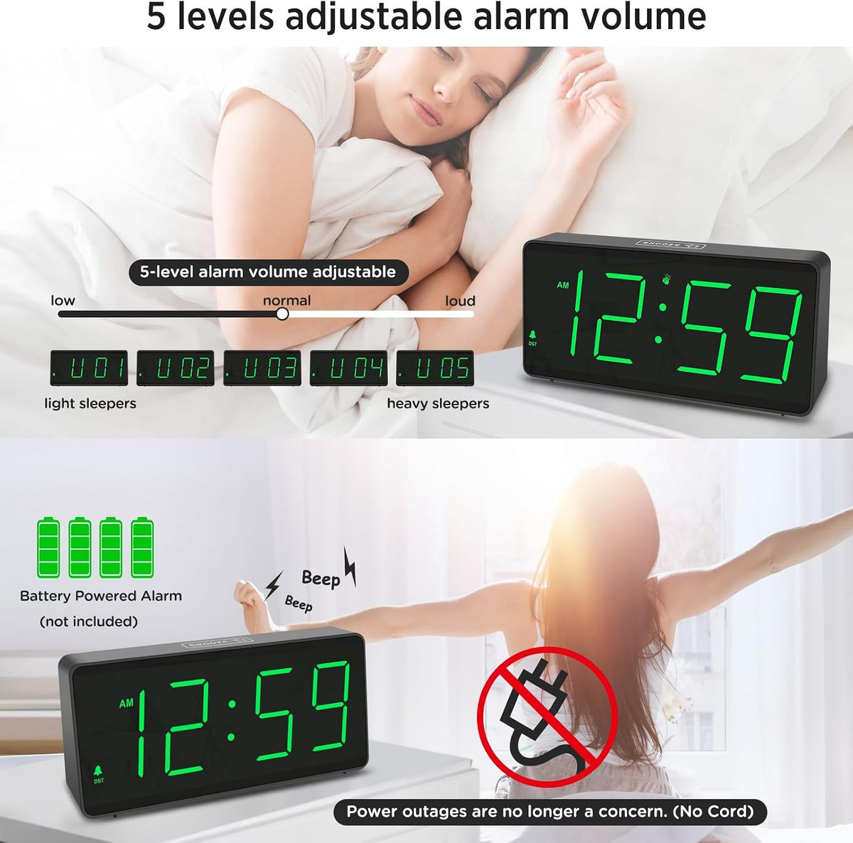 Battery Operated Digital Alarm Clock for Bedrooms Big Numbers