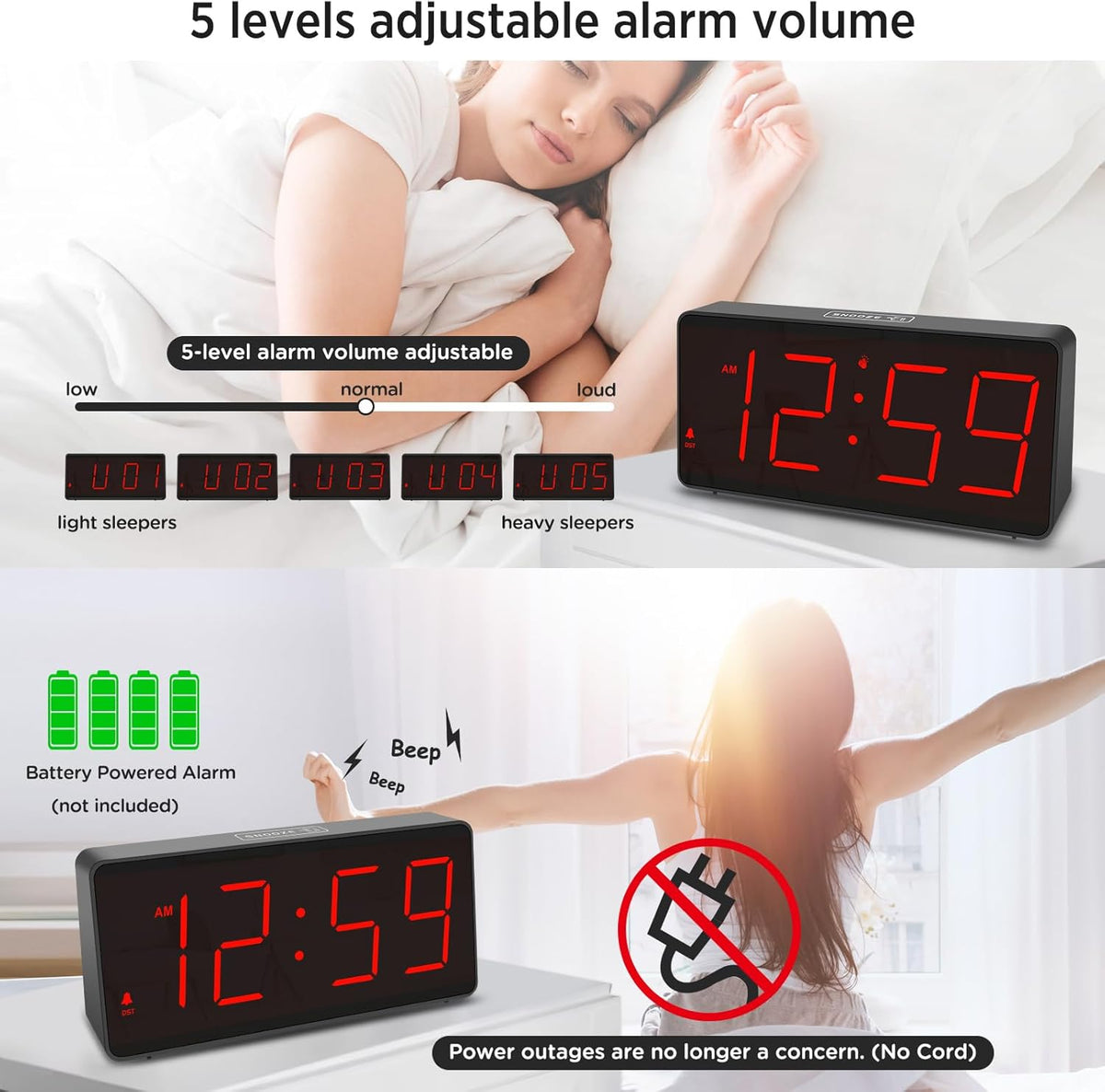 Battery Operated Digital Alarm Clock for Bedrooms Big Numbers
