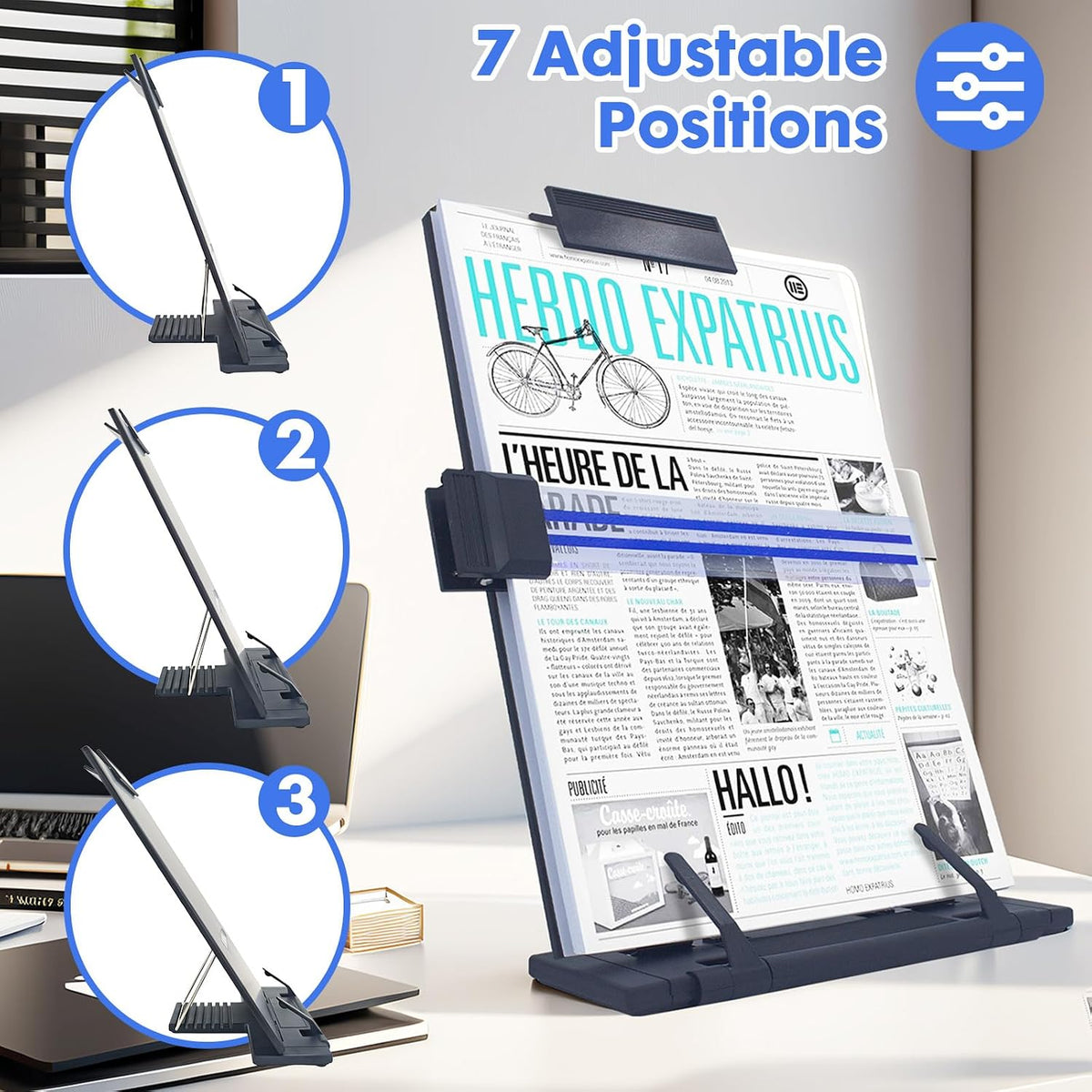 Document Holder Paper Stand with 7 Adjustable Positions, Black Metal Paper Holder Stand for Desk When Typing for Reading A4 Letter, Books, Music Sheet, Receipts, Textbooks