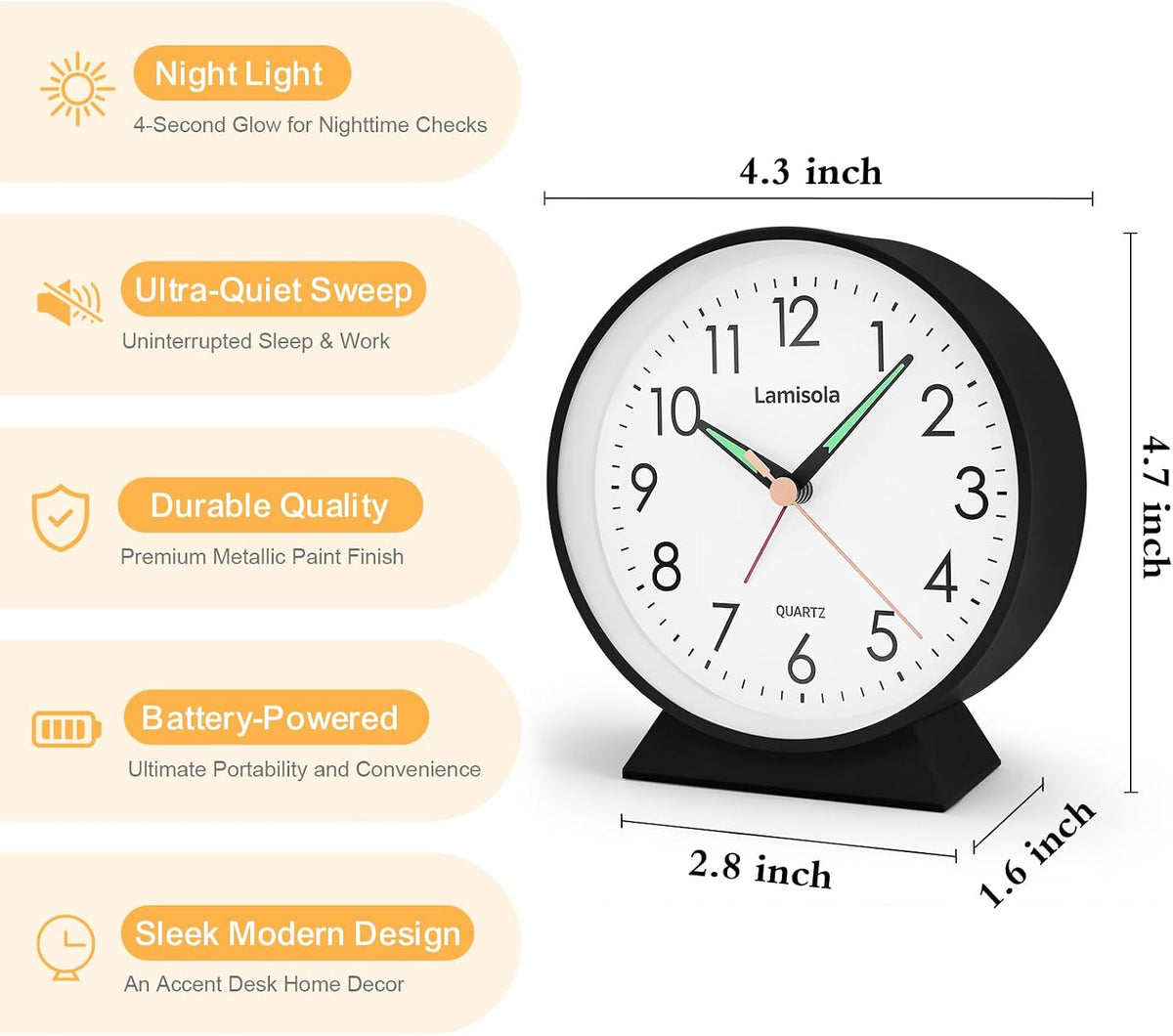 4.5 Inch Small Desk Clock Battery Analog for Bedroom, Black