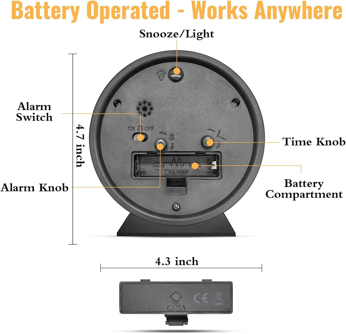 4.5 Inch Small Desk Clock Battery Analog for Bedroom, Black