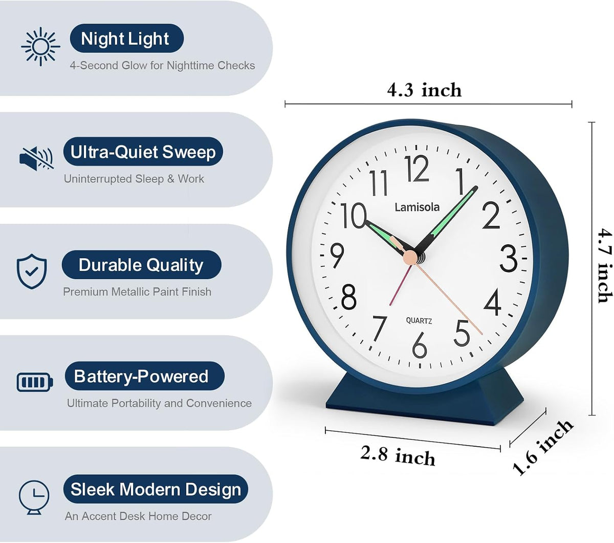 4.5 Inch Small Desk Clock Battery Analog for Bedroom, Black