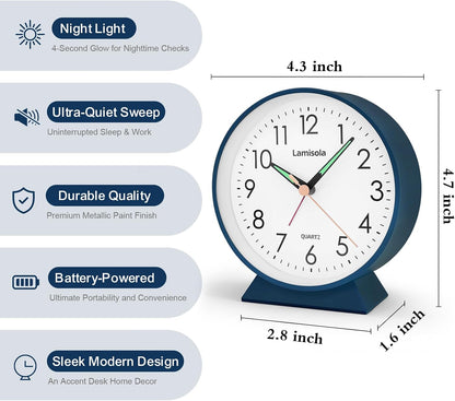 4.5 Inch Small Desk Clock Battery Analog for Bedroom, Black