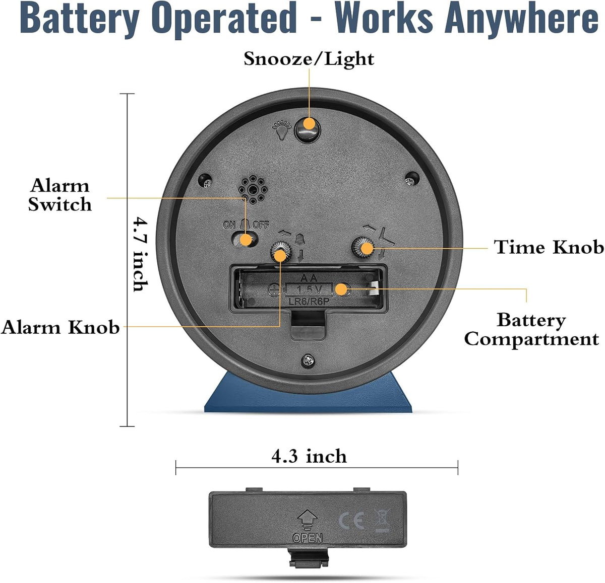 4.5 Inch Small Desk Clock Battery Analog for Bedroom, Black