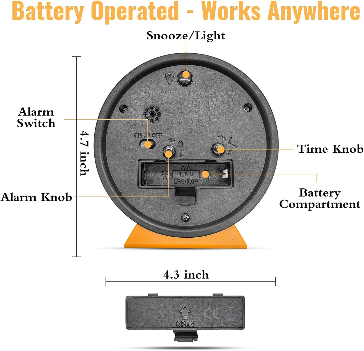 4.5 Inch Small Desk Clock Battery Analog for Bedroom, Black