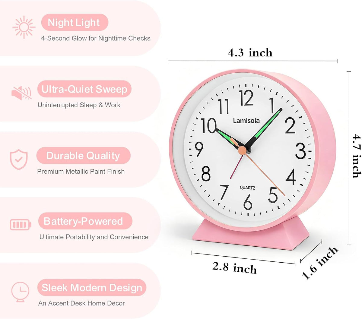 4.5 Inch Small Desk Clock Battery Analog for Bedroom, Black