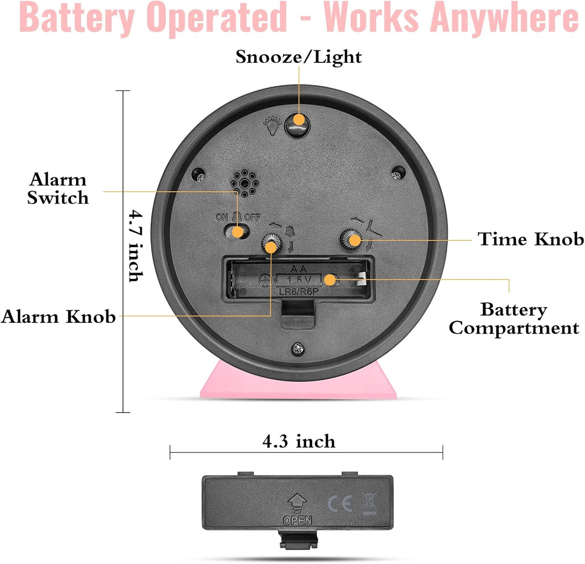 4.5 Inch Small Desk Clock Battery Analog for Bedroom, Black