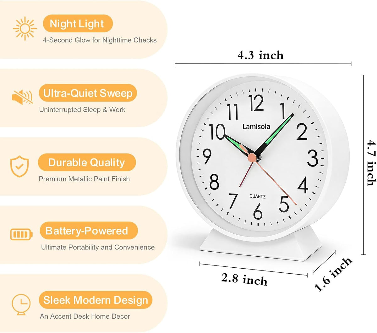 4.5 Inch Small Desk Clock Battery Analog for Bedroom, Black