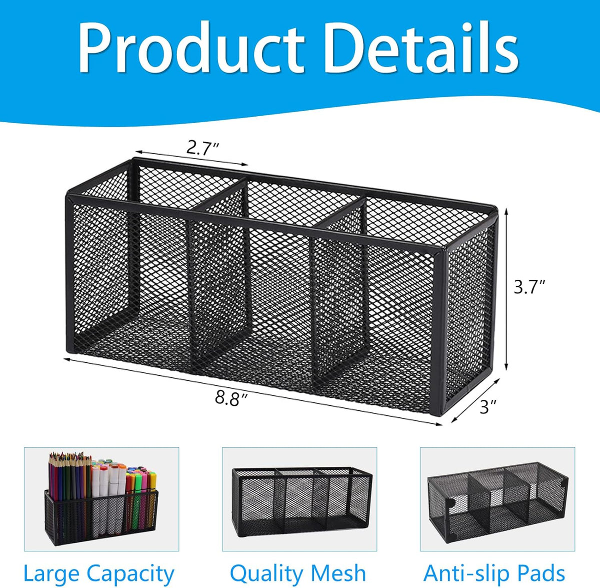 Black Mesh Pen Pencil Holder, Small Metal Desk Organizer Desktop Stationery Office Supplies Acessories Storage Stand, 5 Compartments Brushes Holder for Home School Classroom Teachers
