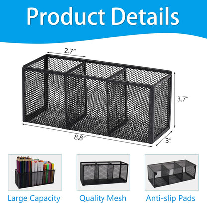 Black Mesh Pen Pencil Holder, Small Metal Desk Organizer Desktop Stationery Office Supplies Acessories Storage Stand, 5 Compartments Brushes Holder for Home School Classroom Teachers