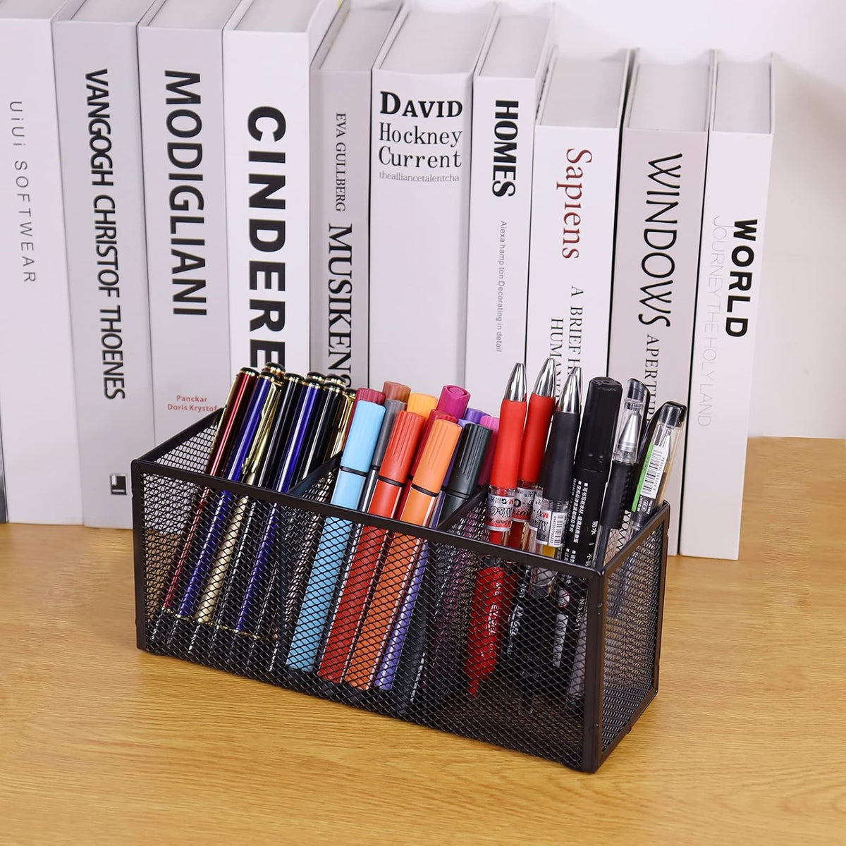 Black Mesh Pen Pencil Holder, Small Metal Desk Organizer Desktop Stationery Office Supplies Acessories Storage Stand, 5 Compartments Brushes Holder for Home School Classroom Teachers