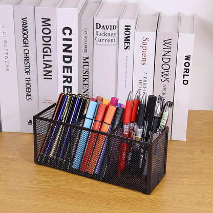 Black Mesh Pen Pencil Holder, Small Metal Desk Organizer Desktop Stationery Office Supplies Acessories Storage Stand, 5 Compartments Brushes Holder for Home School Classroom Teachers