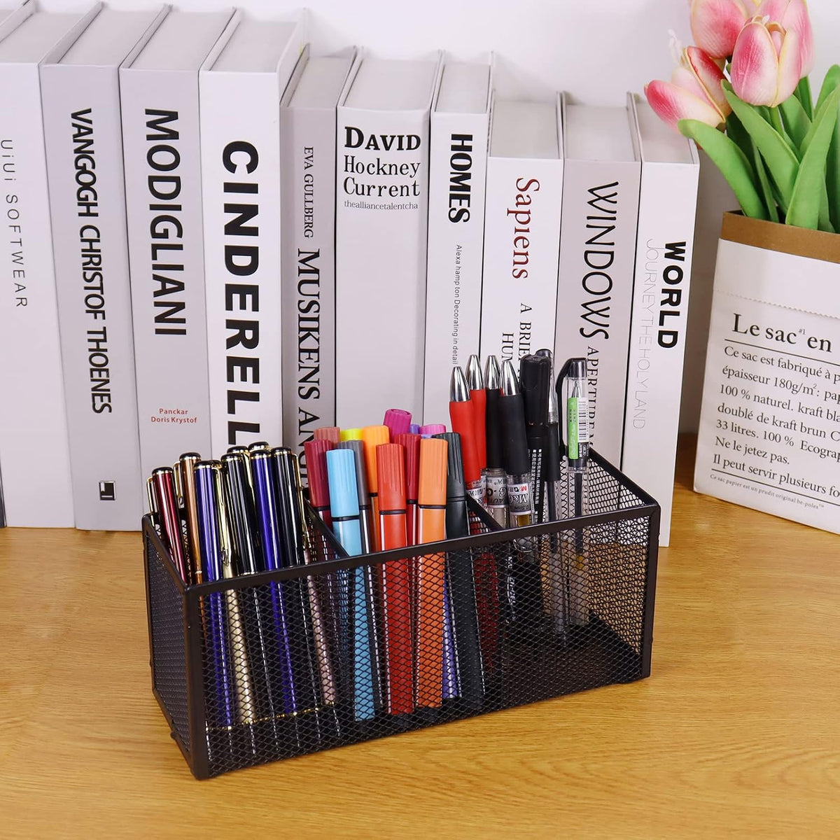 Black Mesh Pen Pencil Holder, Small Metal Desk Organizer Desktop Stationery Office Supplies Acessories Storage Stand, 5 Compartments Brushes Holder for Home School Classroom Teachers