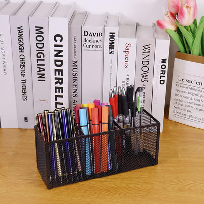Black Mesh Pen Pencil Holder, Small Metal Desk Organizer Desktop Stationery Office Supplies Acessories Storage Stand, 5 Compartments Brushes Holder for Home School Classroom Teachers