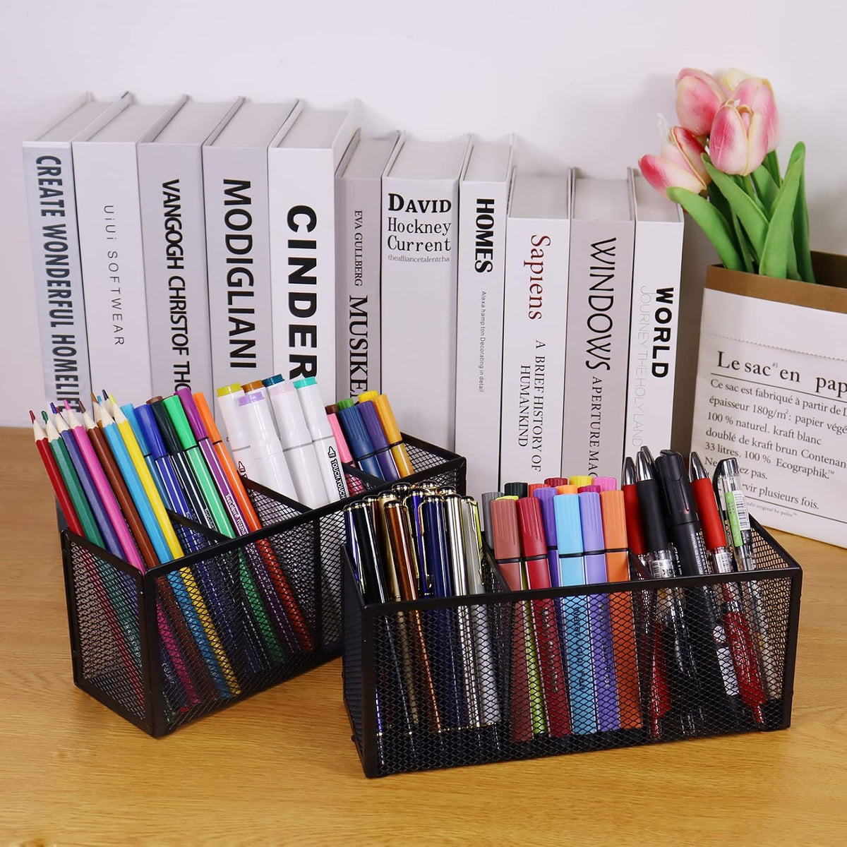 Black Mesh Pen Pencil Holder, Small Metal Desk Organizer Desktop Stationery Office Supplies Acessories Storage Stand, 5 Compartments Brushes Holder for Home School Classroom Teachers