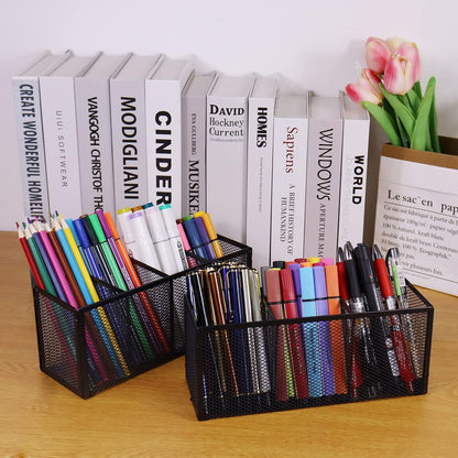 Black Mesh Pen Pencil Holder, Small Metal Desk Organizer Desktop Stationery Office Supplies Acessories Storage Stand, 5 Compartments Brushes Holder for Home School Classroom Teachers