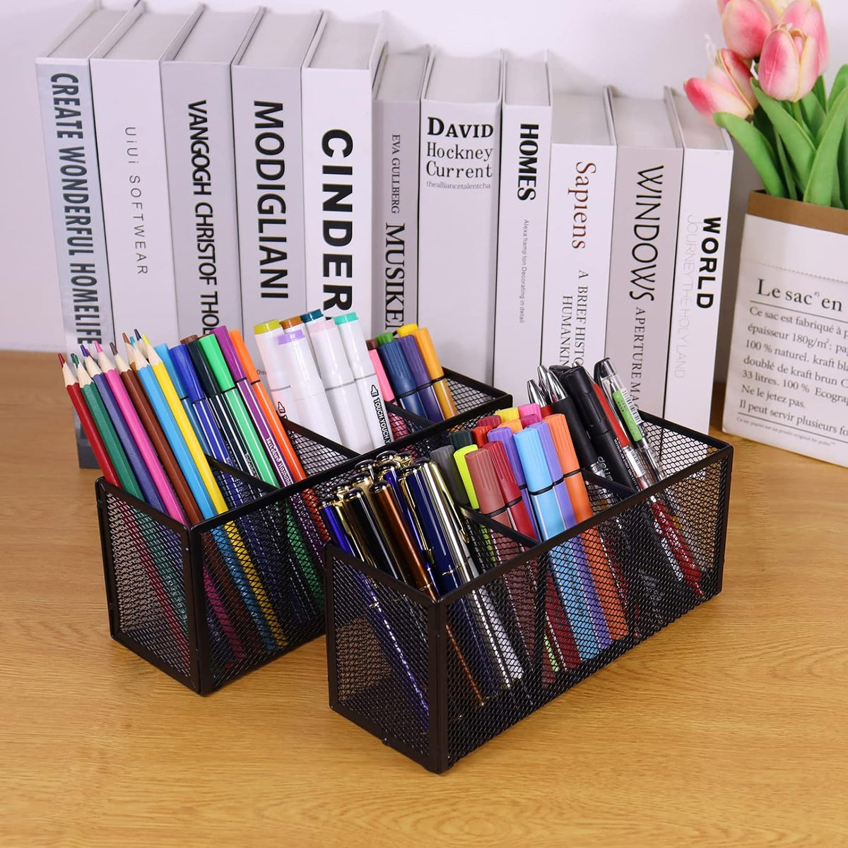 Black Mesh Pen Pencil Holder, Small Metal Desk Organizer Desktop Stationery Office Supplies Acessories Storage Stand, 5 Compartments Brushes Holder for Home School Classroom Teachers