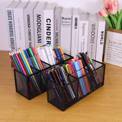 Black Mesh Pen Pencil Holder, Small Metal Desk Organizer Desktop Stationery Office Supplies Acessories Storage Stand, 5 Compartments Brushes Holder for Home School Classroom Teachers