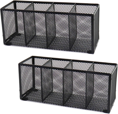 Black Mesh Pen Pencil Holder, Small Metal Desk Organizer Desktop Stationery Office Supplies Acessories Storage Stand, 5 Compartments Brushes Holder for Home School Classroom Teachers
