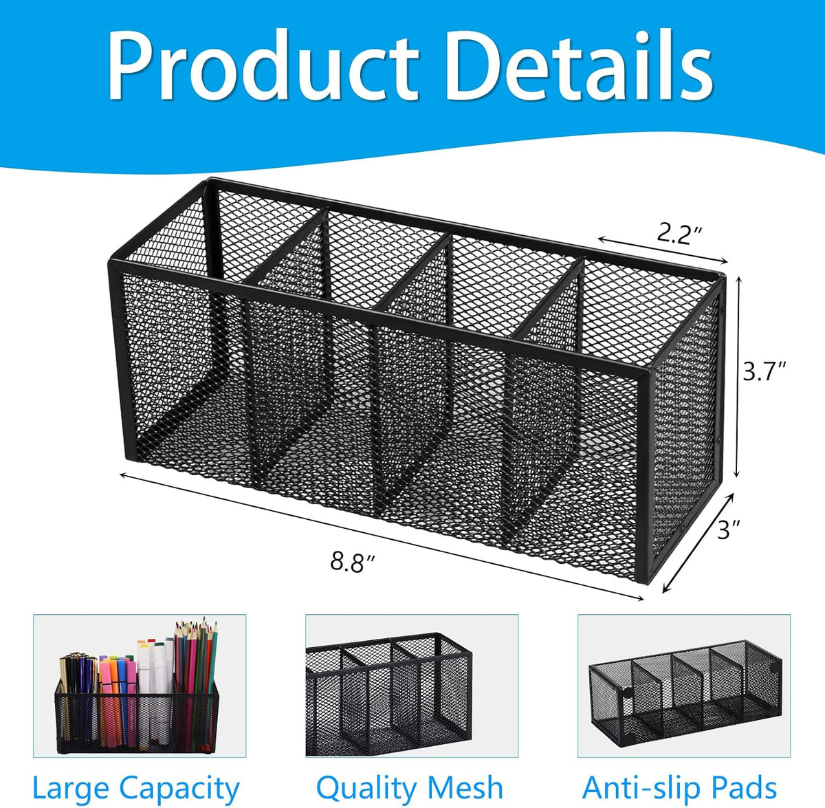 Black Mesh Pen Pencil Holder, Small Metal Desk Organizer Desktop Stationery Office Supplies Acessories Storage Stand, 5 Compartments Brushes Holder for Home School Classroom Teachers