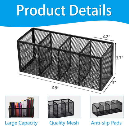 Black Mesh Pen Pencil Holder, Small Metal Desk Organizer Desktop Stationery Office Supplies Acessories Storage Stand, 5 Compartments Brushes Holder for Home School Classroom Teachers