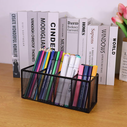 Black Mesh Pen Pencil Holder, Small Metal Desk Organizer Desktop Stationery Office Supplies Acessories Storage Stand, 5 Compartments Brushes Holder for Home School Classroom Teachers