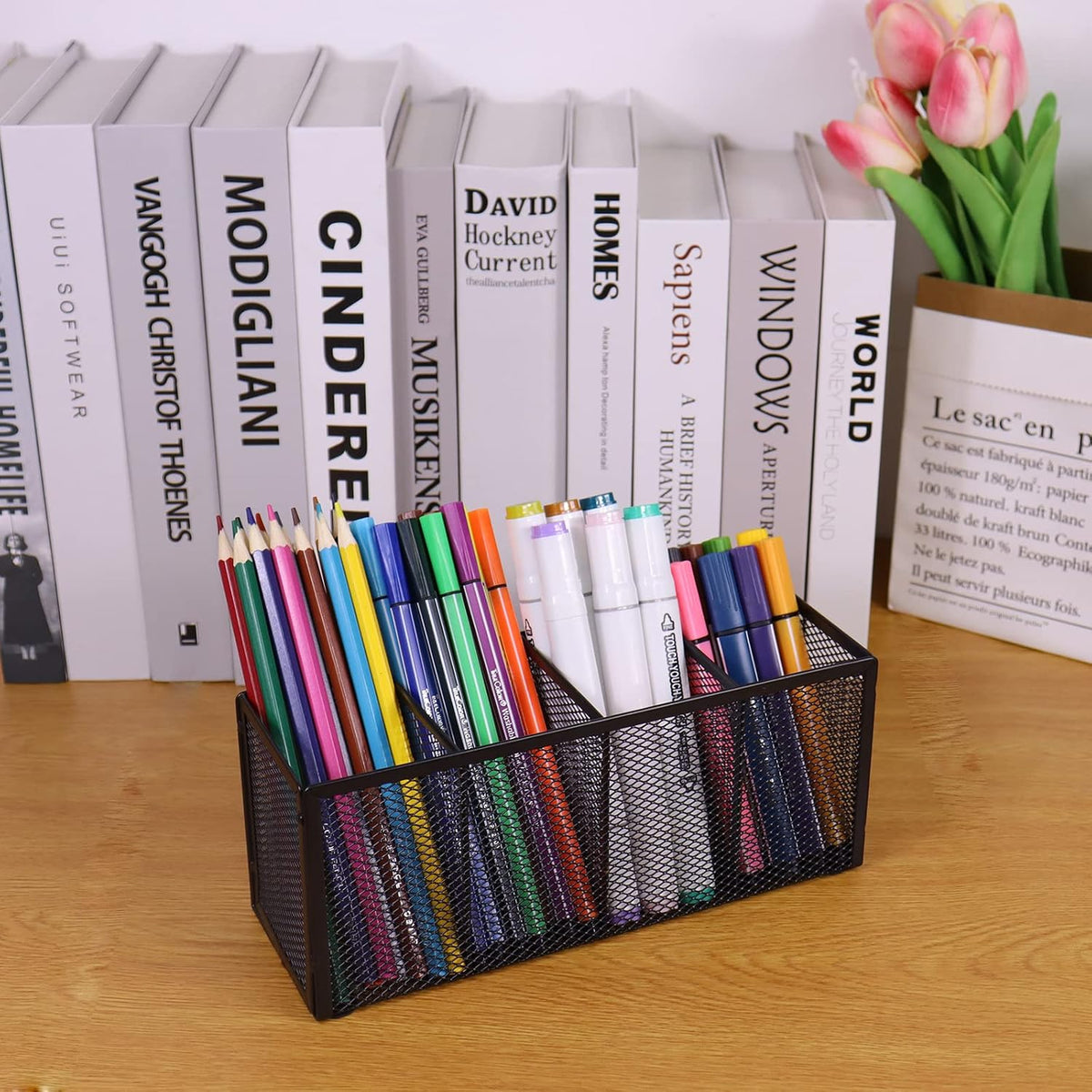 Black Mesh Pen Pencil Holder, Small Metal Desk Organizer Desktop Stationery Office Supplies Acessories Storage Stand, 5 Compartments Brushes Holder for Home School Classroom Teachers