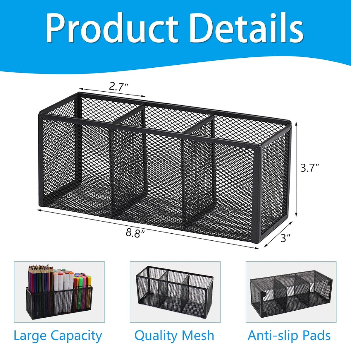Black Mesh Pen Pencil Holder, Small Metal Desk Organizer Desktop Stationery Office Supplies Acessories Storage Stand, 5 Compartments Brushes Holder for Home School Classroom Teachers