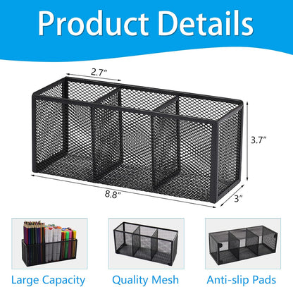 Black Mesh Pen Pencil Holder, Small Metal Desk Organizer Desktop Stationery Office Supplies Acessories Storage Stand, 5 Compartments Brushes Holder for Home School Classroom Teachers