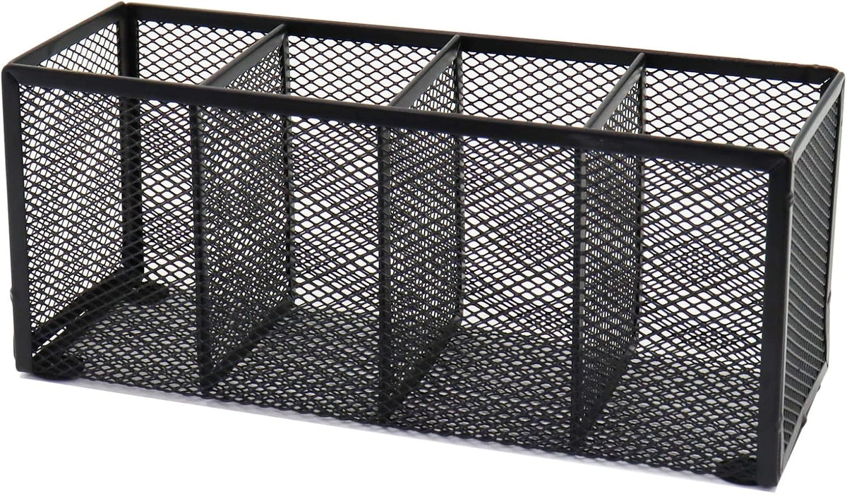 Black Mesh Pen Pencil Holder, Small Metal Desk Organizer Desktop Stationery Office Supplies Acessories Storage Stand, 5 Compartments Brushes Holder for Home School Classroom Teachers