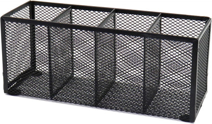 Black Mesh Pen Pencil Holder, Small Metal Desk Organizer Desktop Stationery Office Supplies Acessories Storage Stand, 5 Compartments Brushes Holder for Home School Classroom Teachers