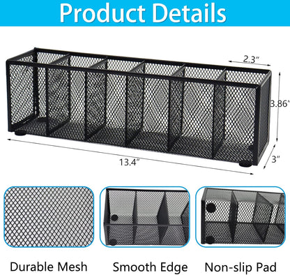 Black Mesh Pen Pencil Holder, Small Metal Desk Organizer Desktop Stationery Office Supplies Acessories Storage Stand, 5 Compartments Brushes Holder for Home School Classroom Teachers