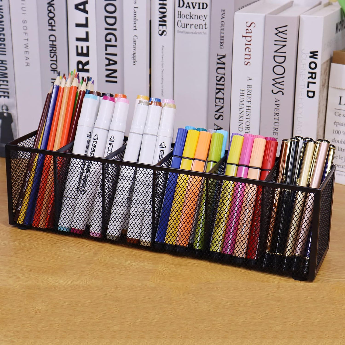 Black Mesh Pen Pencil Holder, Small Metal Desk Organizer Desktop Stationery Office Supplies Acessories Storage Stand, 5 Compartments Brushes Holder for Home School Classroom Teachers