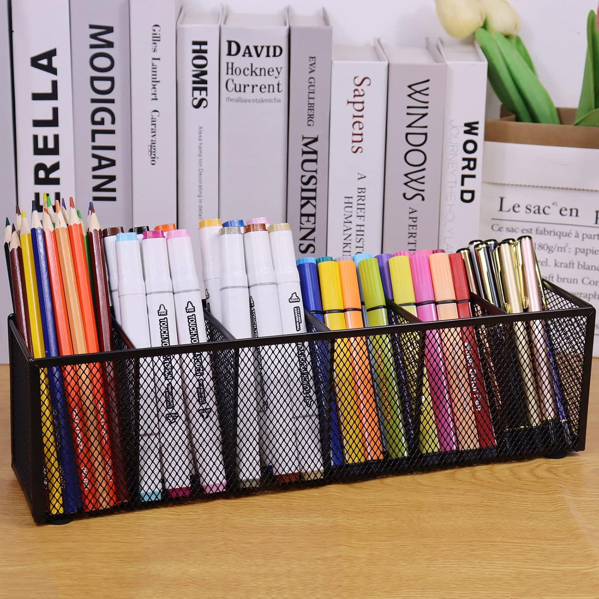 Black Mesh Pen Pencil Holder, Small Metal Desk Organizer Desktop Stationery Office Supplies Acessories Storage Stand, 5 Compartments Brushes Holder for Home School Classroom Teachers