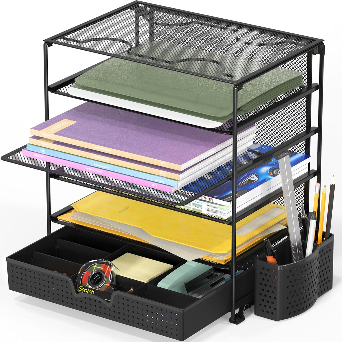 5-Tier Desk File Organizer w/Drawer & Pen Holder, Black