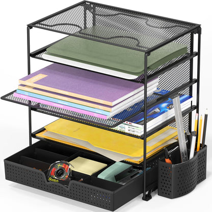5-Tier Desk File Organizer w/Drawer & Pen Holder, Black
