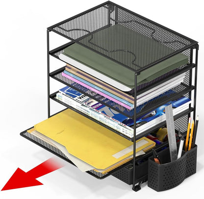 5-Tier Desk File Organizer w/Drawer & Pen Holder, Black
