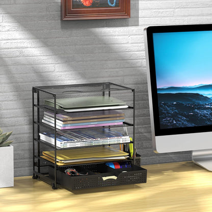 5-Tier Desk File Organizer w/Drawer & Pen Holder, Black