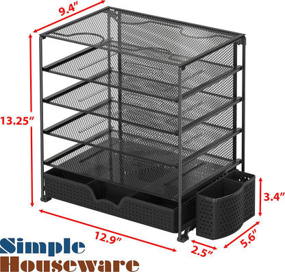 5-Tier Desk File Organizer w/Drawer & Pen Holder, Black